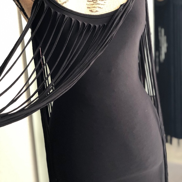 Peep Toe Black Fringe All Over Mini Dress - Picture 12 of 14